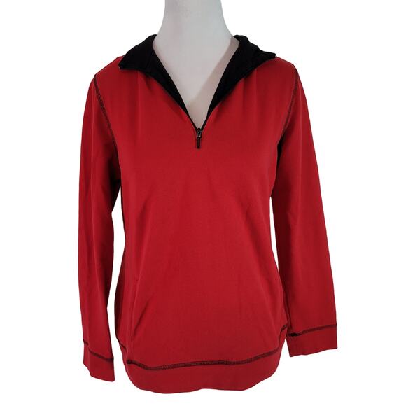 Chico's Size 0 US S Weekends Pullover Red Black Henley 1/4 Zip Sweatshirt Casual - Picture 1 of 10